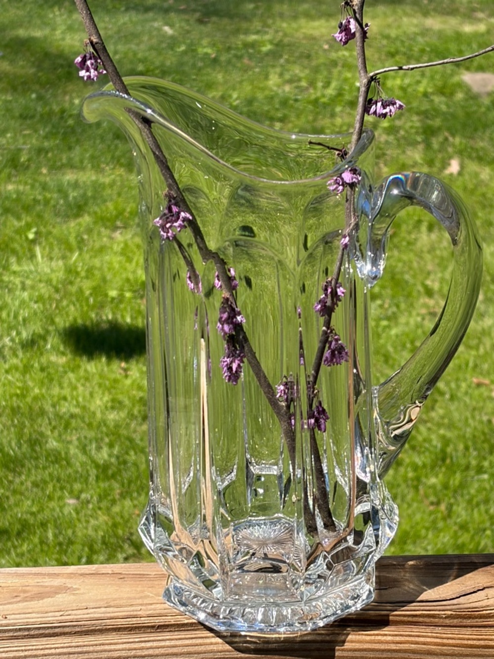 Vintage Clear Glass Pitcher Paneled Starburst Base Scalloped Rim Farmhouse Vase - Picture 10 of 10